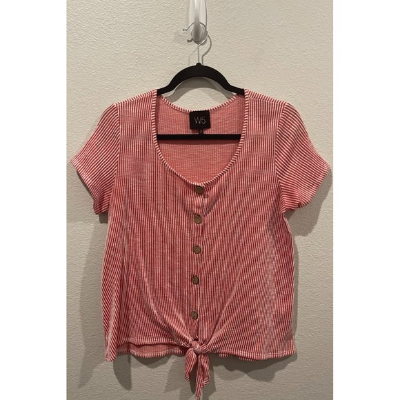 W5 White Red Short Sleeved Striped Top - Picture 1 of 4